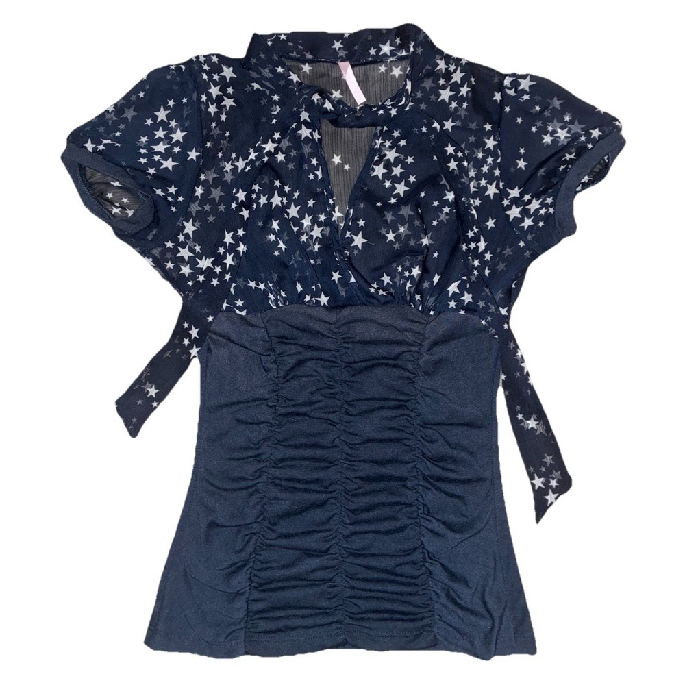 Go Jane Top Women's S Blue White Stars Tie‎ V Neck Ruched Sheer Coquette Y2K